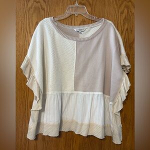 DAVI & DANI Cream and Tan Patchwork Short Sleeve Sweater